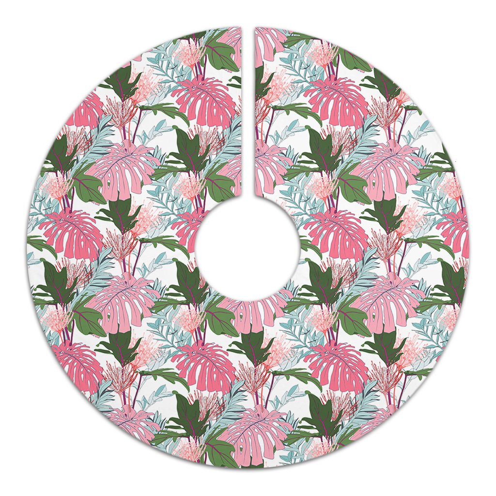 Pink Monstera And Green Tropical Leaves White Tree Skirt - Polynesian Pride