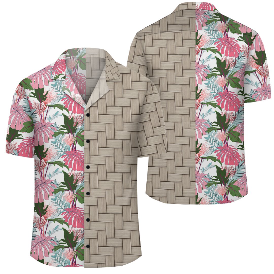 Pink Monstera And Green Tropical Leaves White Lauhala Moiety Hawaiian Shirt Unisex Art - Polynesian Pride