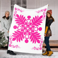 Hawaiian Quilt Maui Plant And Hibiscus Premium Blanket - Pink White - AH - Polynesian Pride