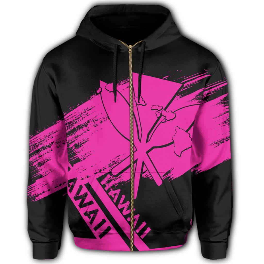 Hawaiian Map Kanaka Identifier Hoodie Zip Pink Brusch Style - Polynesian Pride
