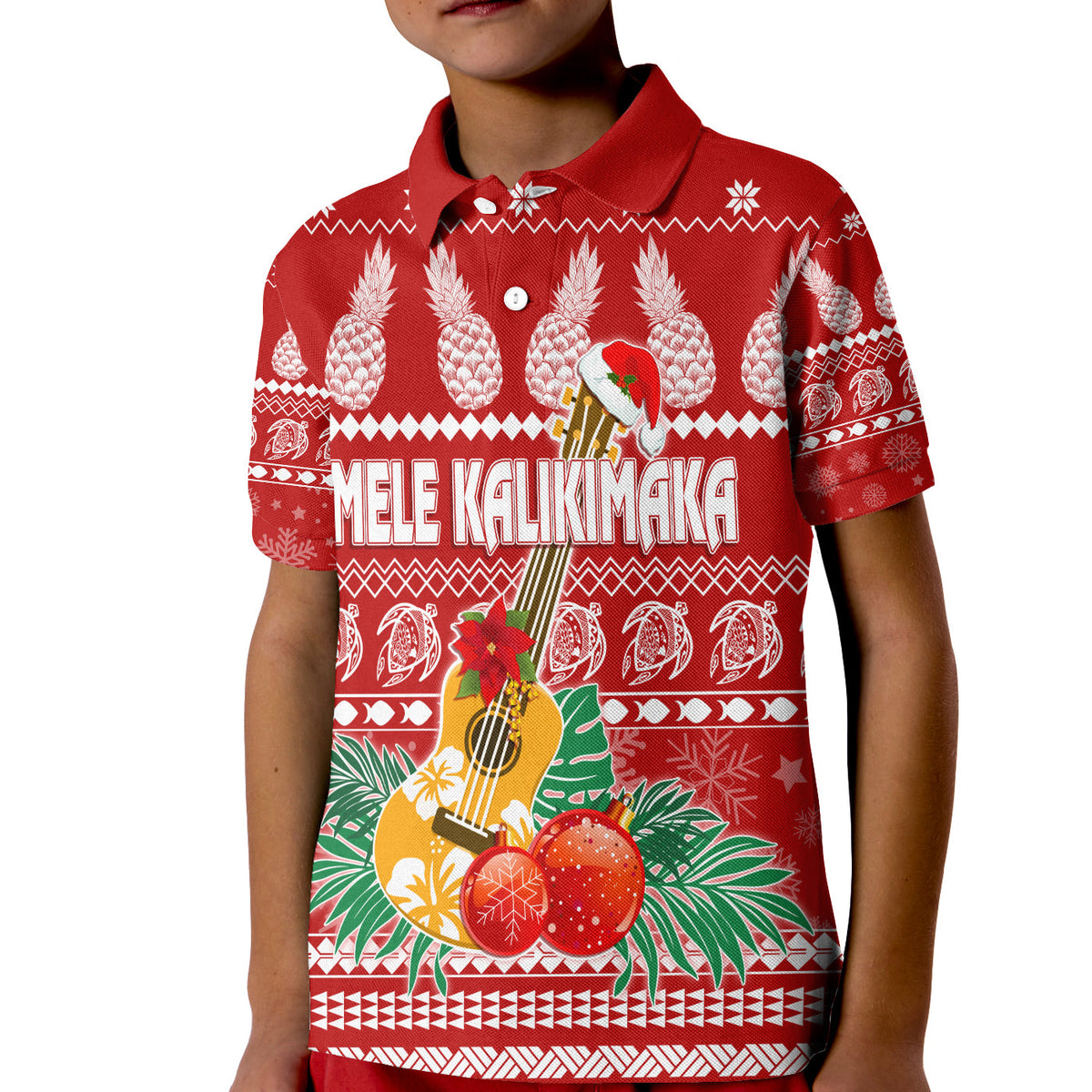 Hawaii Christmas Polo Shirt KID Mele Kalikimaka - Ukulele LT7 Kid Red - Polynesian Pride