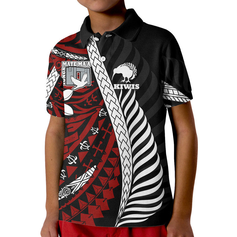 Mate Maa Tonga Mixed Aotearoa Kiwis Rugby Polo Shirt Silver Fern Mixed Polynesian Style LT9 Kid Black - Polynesian Pride