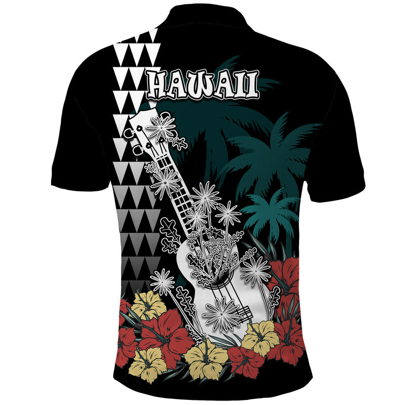 Hawaii Ukulele Mix Hibiscus and Coconut Tree Polo Shirt Aloha Vintage Black Version LT9 - Polynesian Pride
