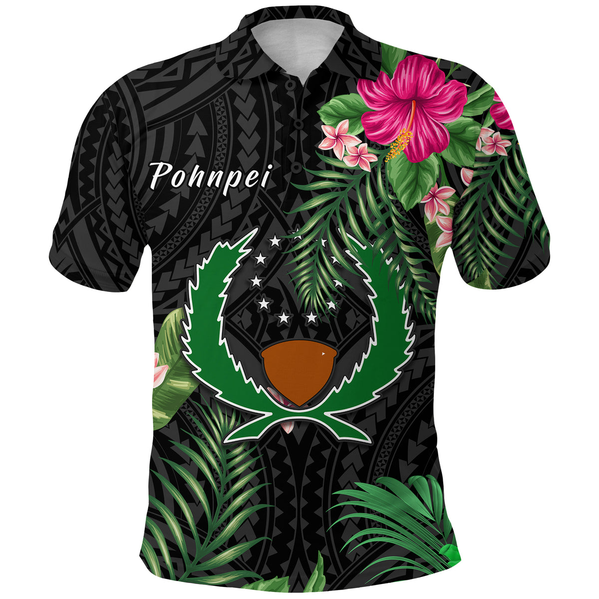 Pohnpei Micronesia Polo Shirt Tropical Flowers LT13 Unisex Black - Polynesian Pride