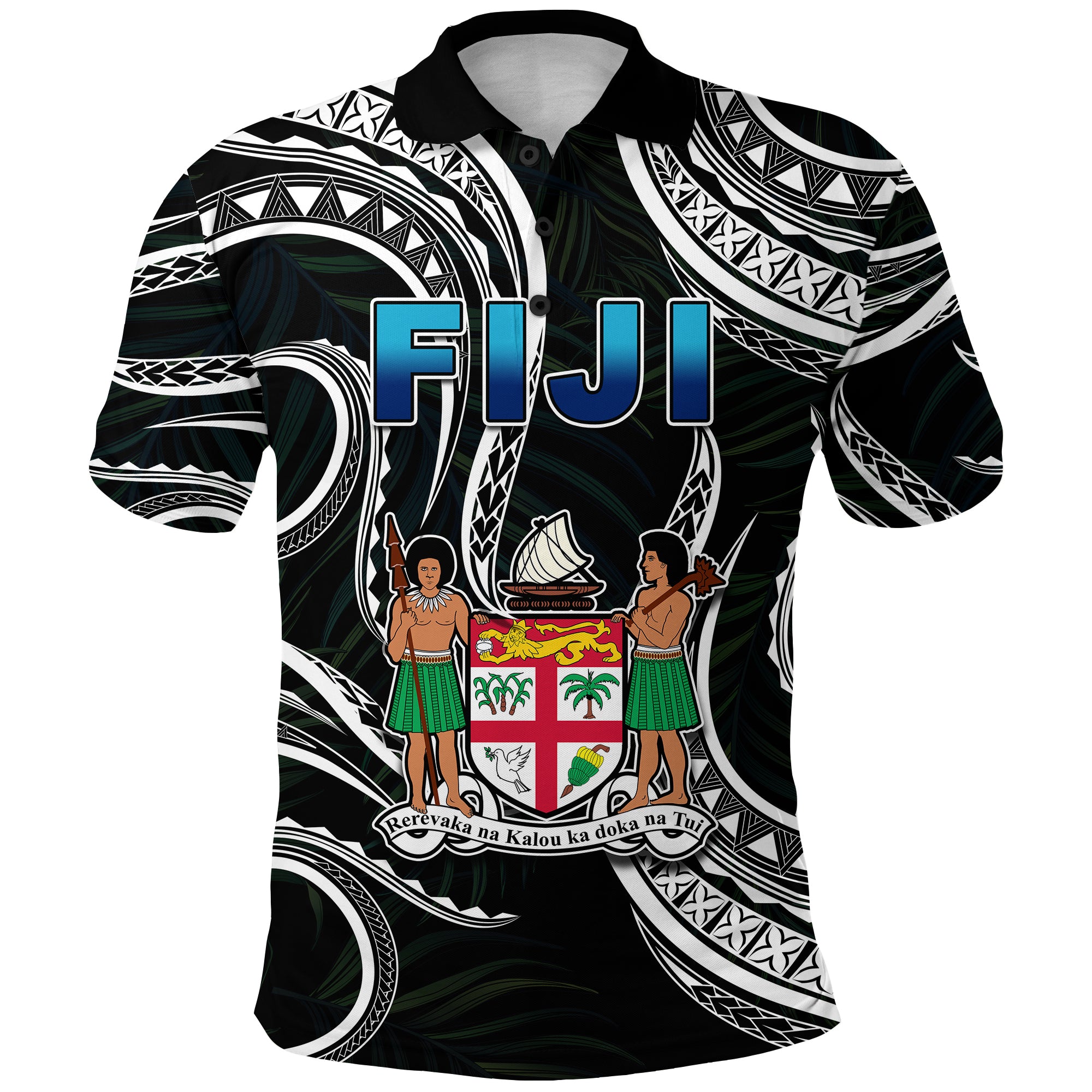 Fiji Coat of Arms Polo Shirt Polynesian mix Coconut Pattern LT13 Unisex Black - Polynesian Pride