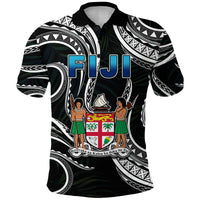 Fiji Coat of Arms Polo Shirt Polynesian mix Coconut Pattern LT13 Unisex Black - Polynesian Pride