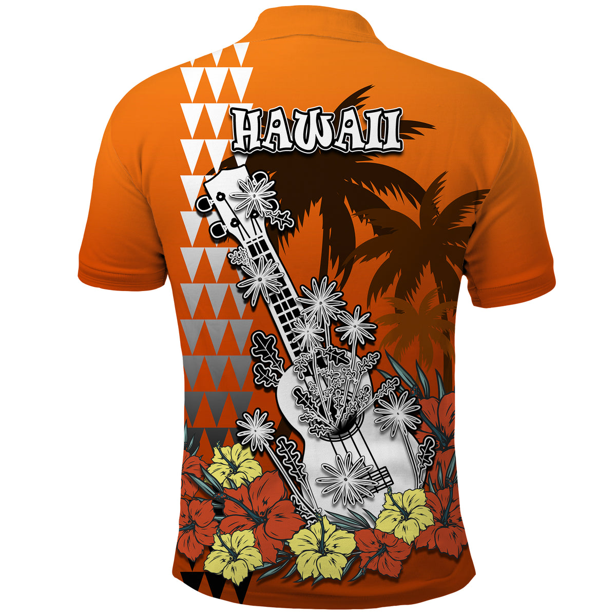 Hawaii Ukulele Mix Hibiscus and Palm Tree Polo Shirt Aloha Vintage Orange Version LT9 - Polynesian Pride