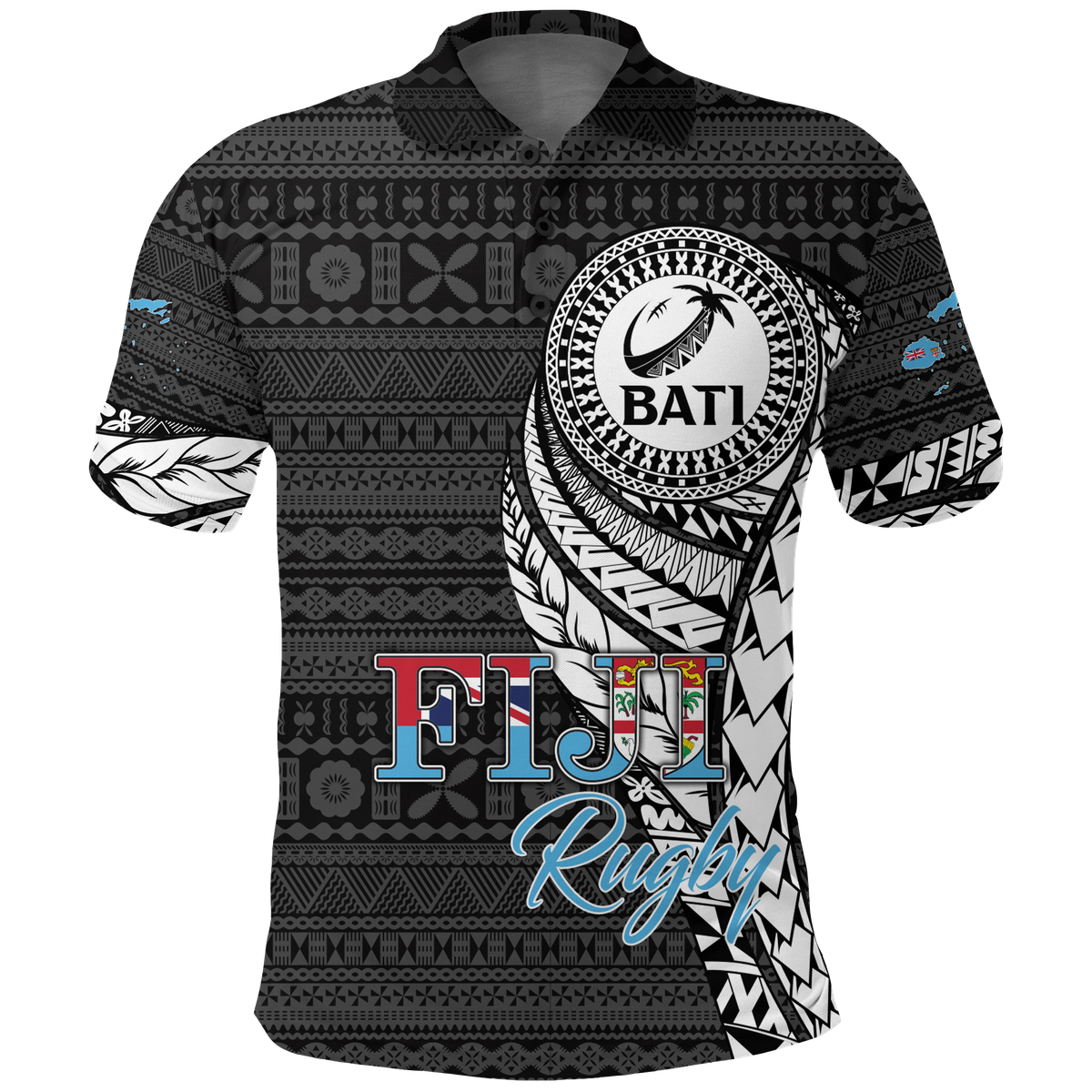 Fiji Rugby Bati Tapa Pattern Polo Shirt LT2 BLACK - Polynesian Pride