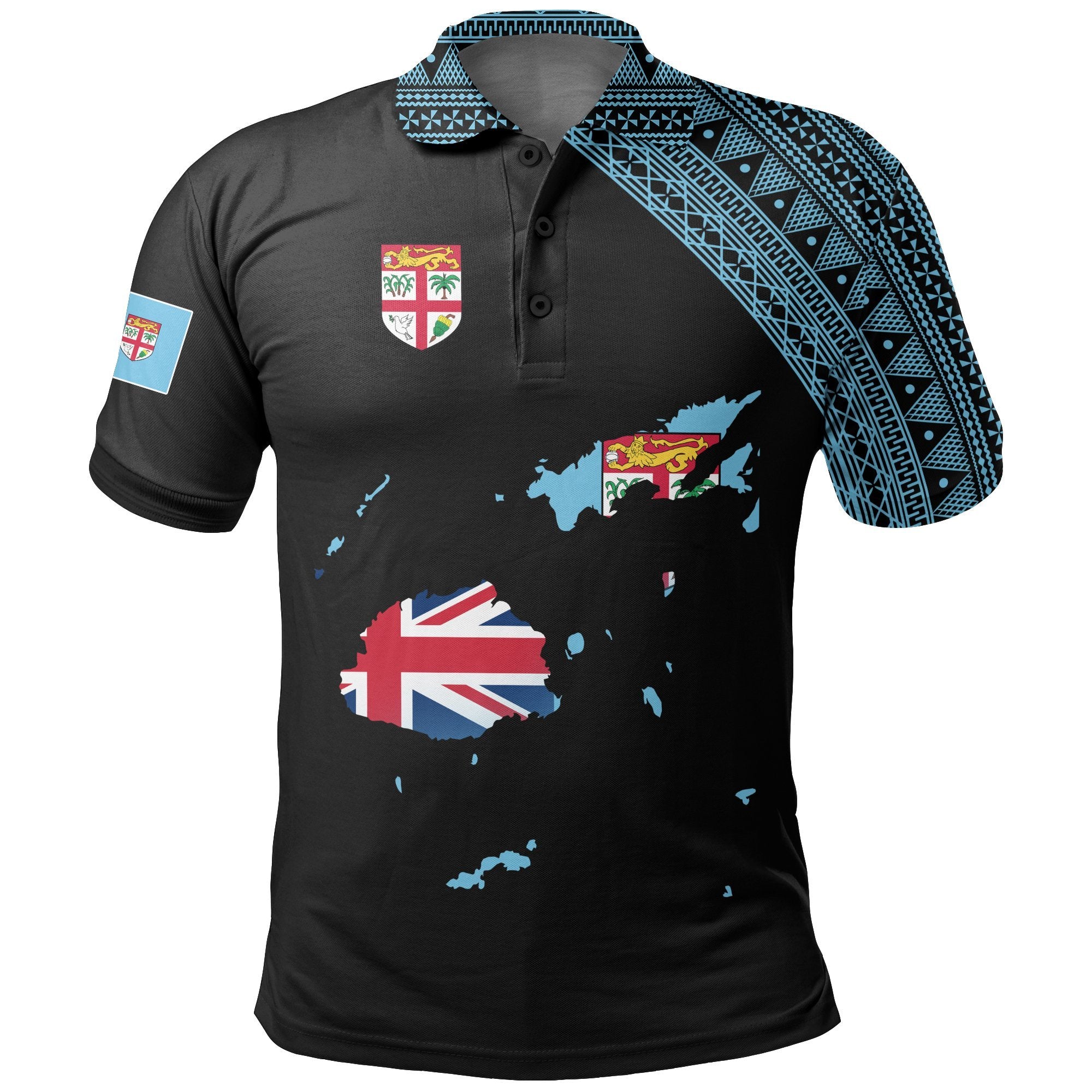 Fiji Polo Shirt Viti Flag Map Style Black 02 A5 Unisex Black - Polynesian Pride