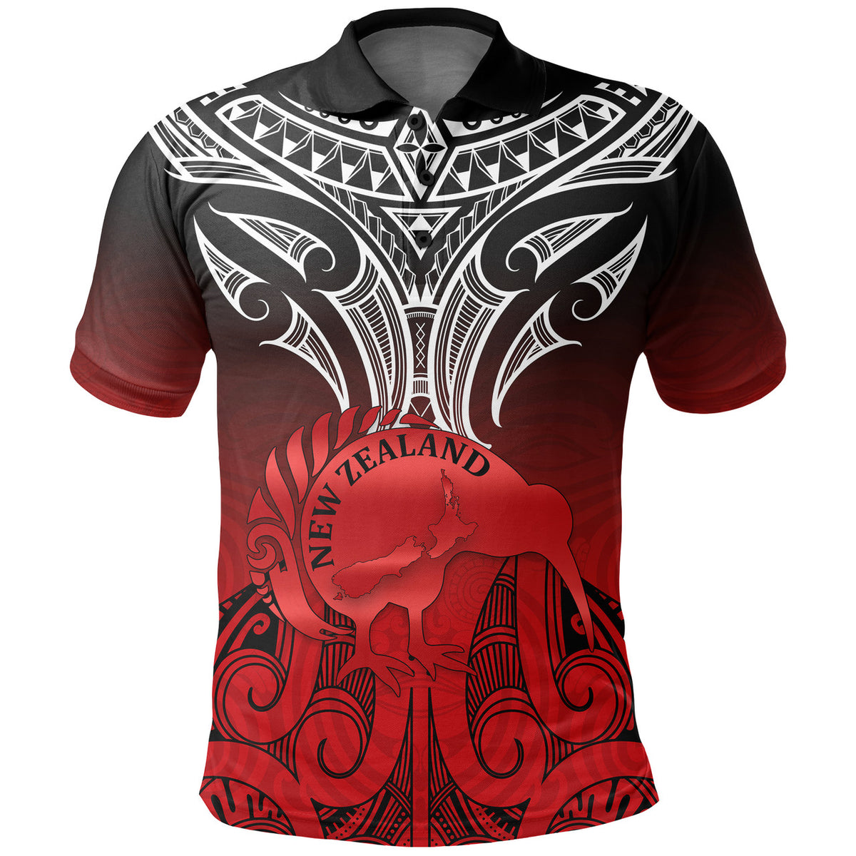 New Zealand Polo Shirt Maori Kiwi Bird Symbols Map Unisex Red - Polynesian Pride