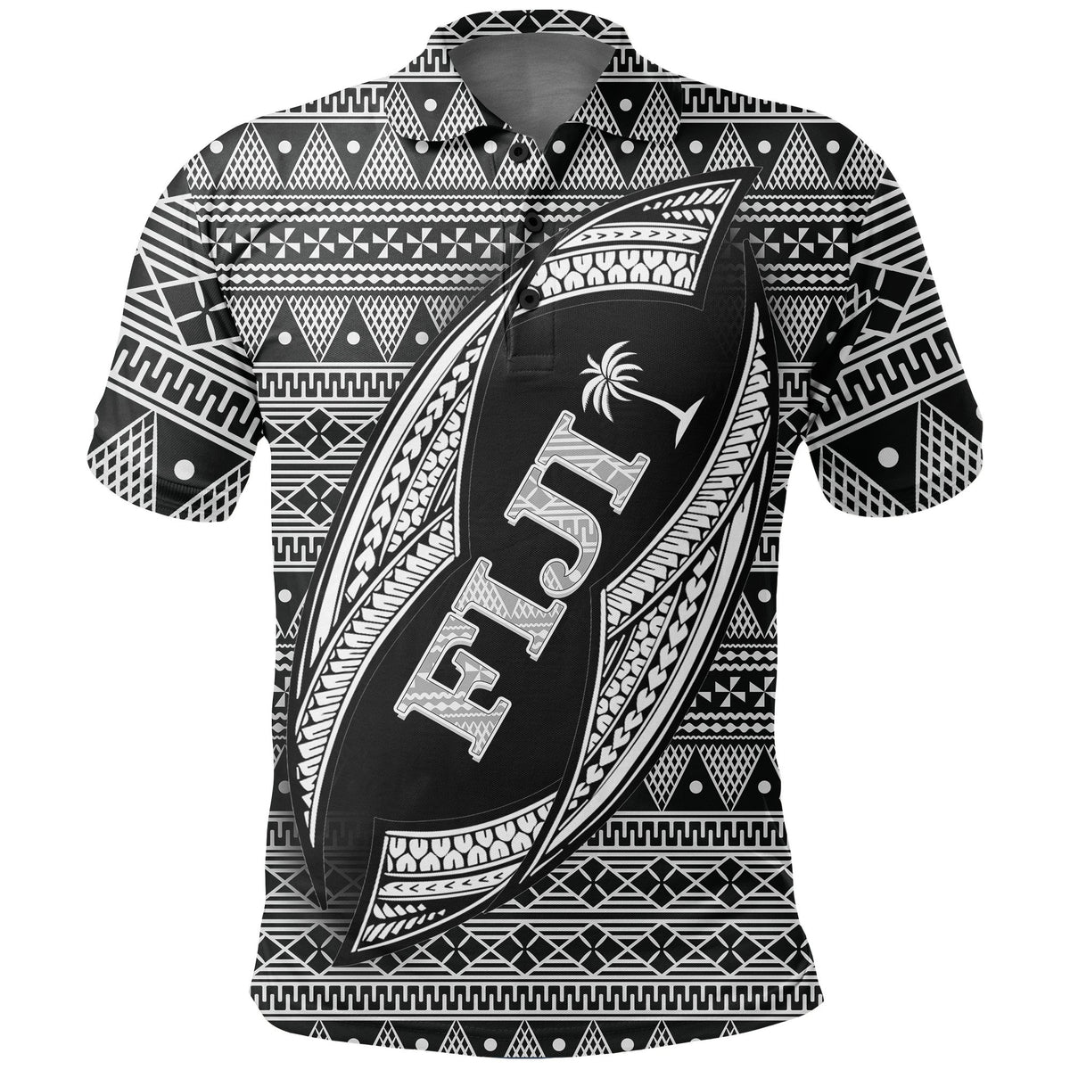 Fiji Polynesian Polo Shirt Tapa Pattern Rugby Ball Unisex Black - Polynesian Pride