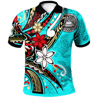 American Samoa Polo Shirt Tribal Flower With Special Turtles Blue Color Unisex Blue - Polynesian Pride