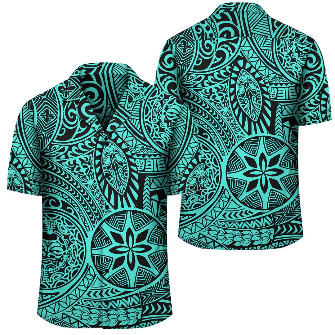Polynesian Hawaiian Style Tribal Tattoo Turquoise Hawaiian Shirt Unisex Black - Polynesian Pride