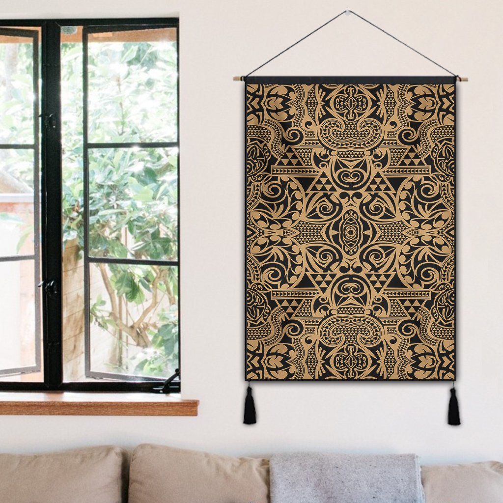 Polynesian Kakau Turtle Gold Hanging Poster - AH Hanging Poster 50 x 75 cm Cotton And Linen - Polynesian Pride