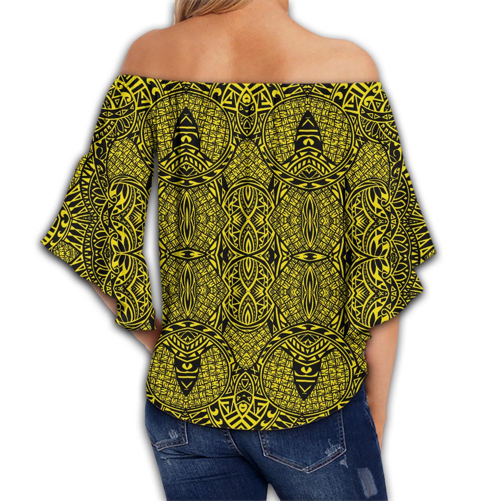 Polynesian Lauhala Mix Yellow Hawaii Women's Off Shoulder Wrap Waist Top - Polynesian Pride