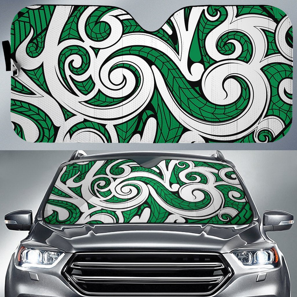 Polynesian Maori Ethnic Ornament Car Sun Shade Auto Sun Shade Universal Fit Green - Polynesian Pride