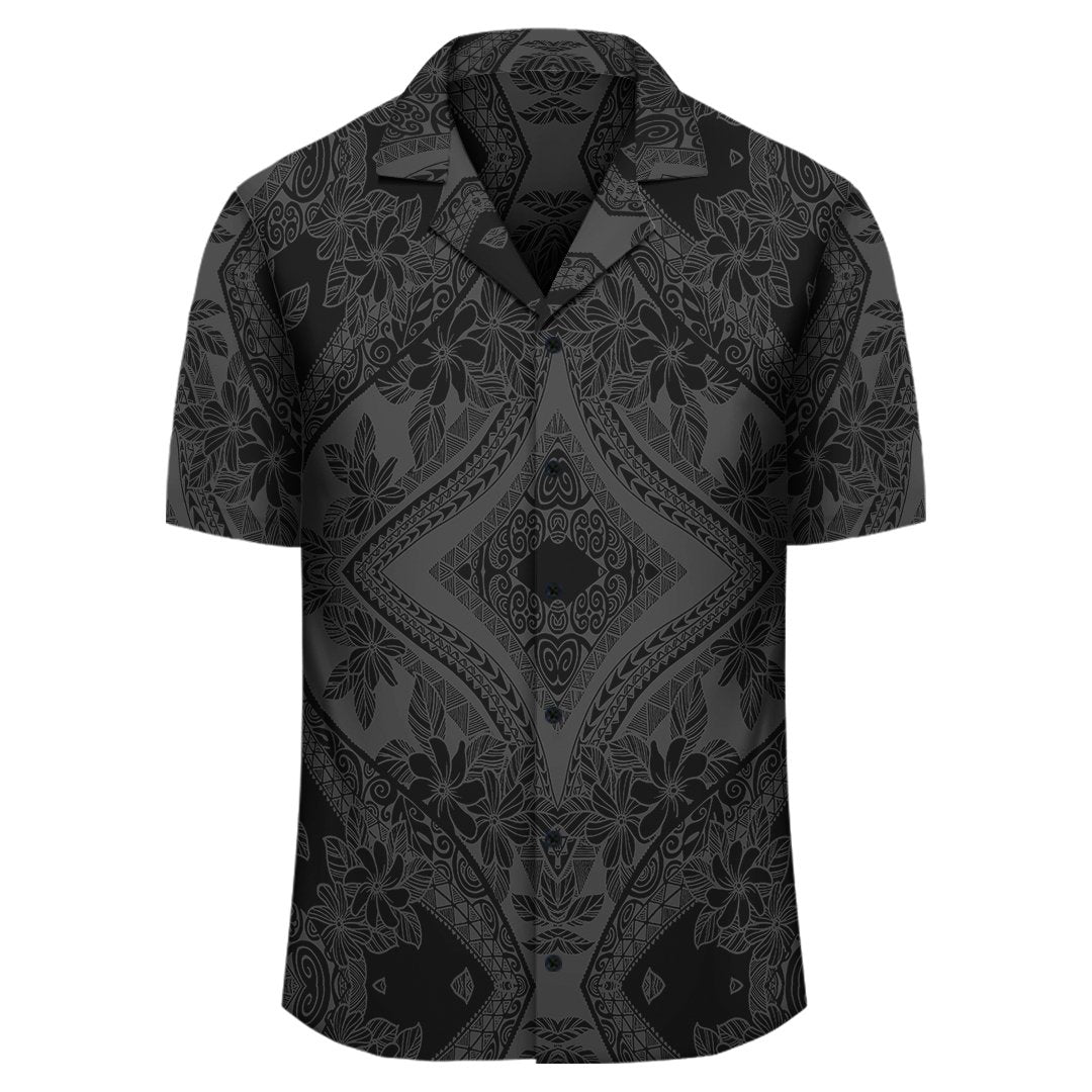 Polynesian Plumeria Mix Gray Black Hawaiian Shirt - Polynesian Pride