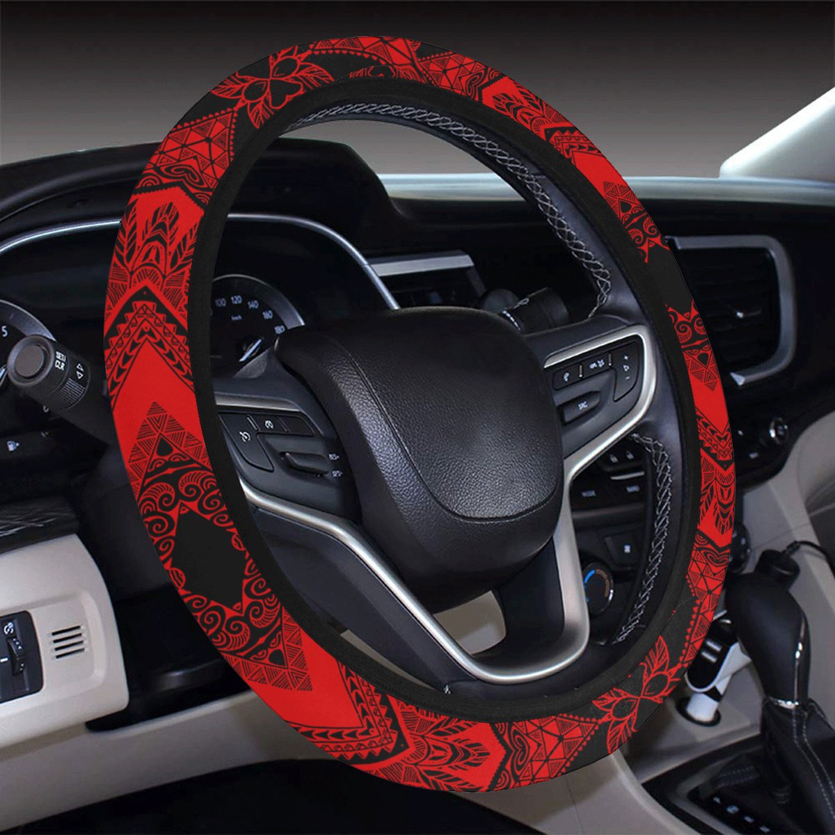 Polynesian Plumeria Mix Red Black Hawaii Steering Wheel Cover with Elastic Edge - Polynesian Pride