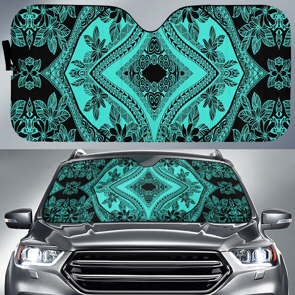 Polynesian Plumeria Mix Car Sun Shade Auto Sun Shade Universal Fit Turquoise - Polynesian Pride