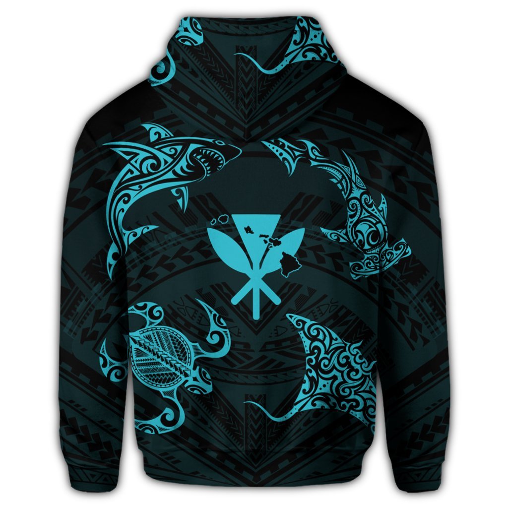 Polynesian Turtle Hammerhead Shark Ray Kanaka Hawaii Zip Hoodie Circle Blue - Polynesian Pride