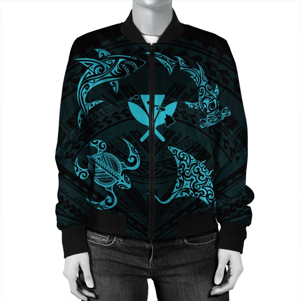 Polynesian Turtle Hammerhead Shark Ray Kanaka Hawaii Bomber Jacket Circle Blue - AH - Polynesian Pride
