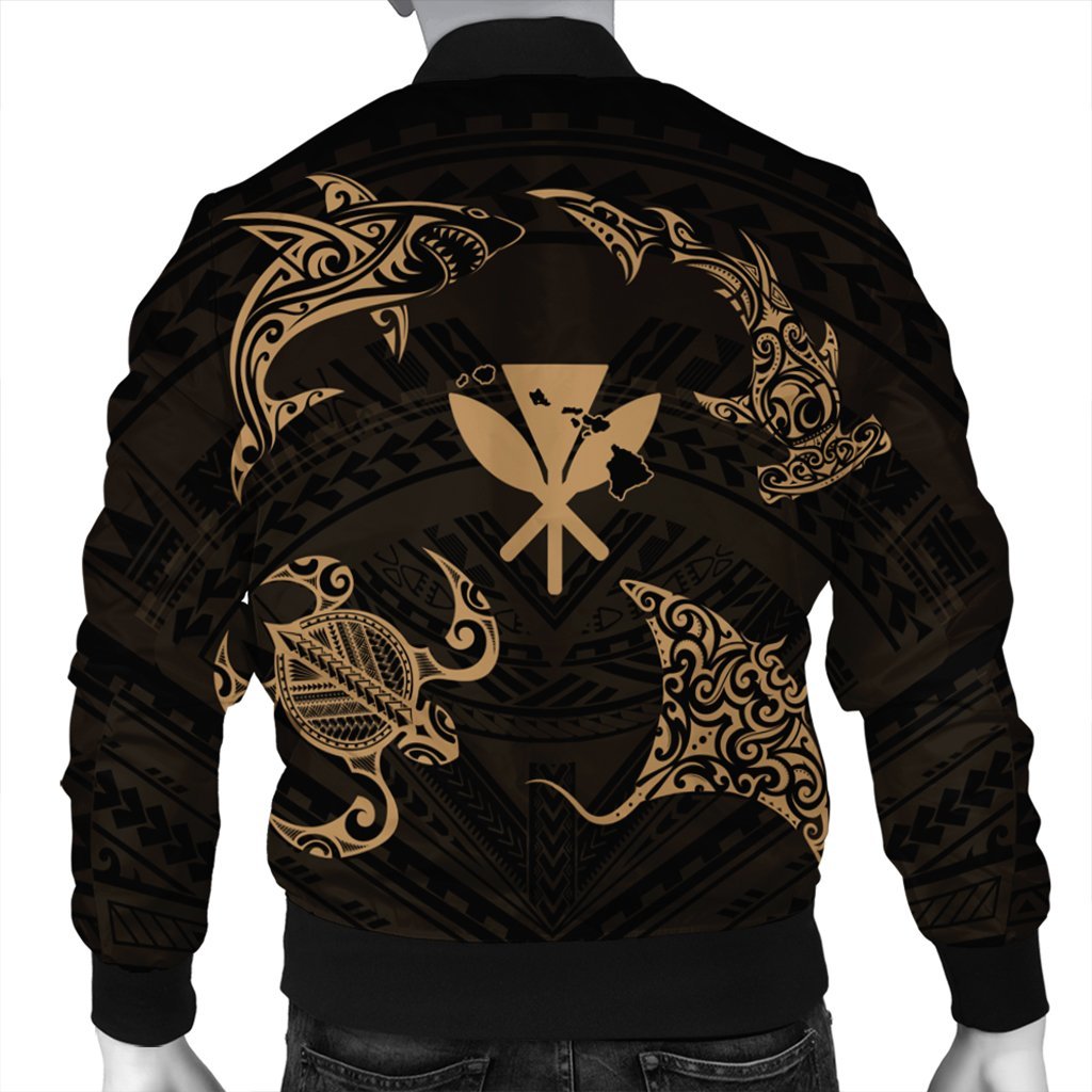 Polynesian Turtle Hammerhead Shark Ray Kanaka Hawaii Bomber Jacket Circle Gold - AH - Polynesian Pride