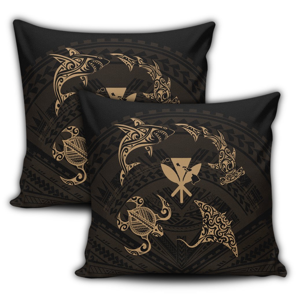 Polynesian Turtle Hammerhead Shark Ray Kanaka Hawaii Pillow Covers Circle Gold - AH - Polynesian Pride