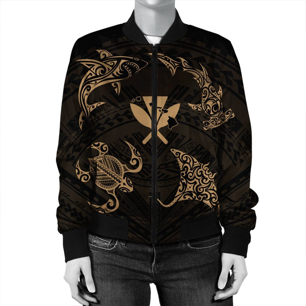 Polynesian Turtle Hammerhead Shark Ray Kanaka Hawaii Bomber Jacket Circle Gold - AH - Polynesian Pride