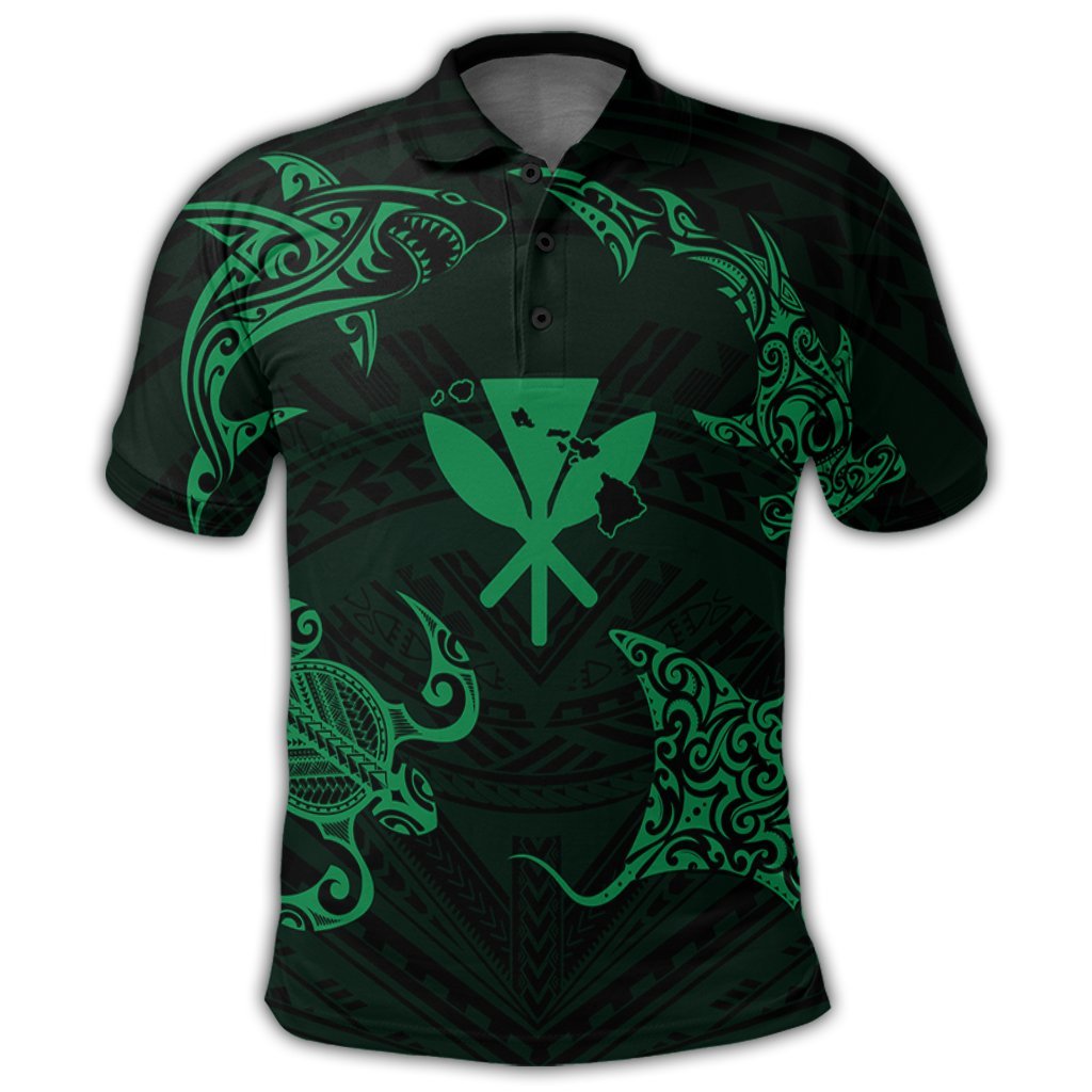 Polynesian Turtle Hammerhead Shark Ray Kanaka Hawaii Polo Shirt Circle Green - Polynesian Pride