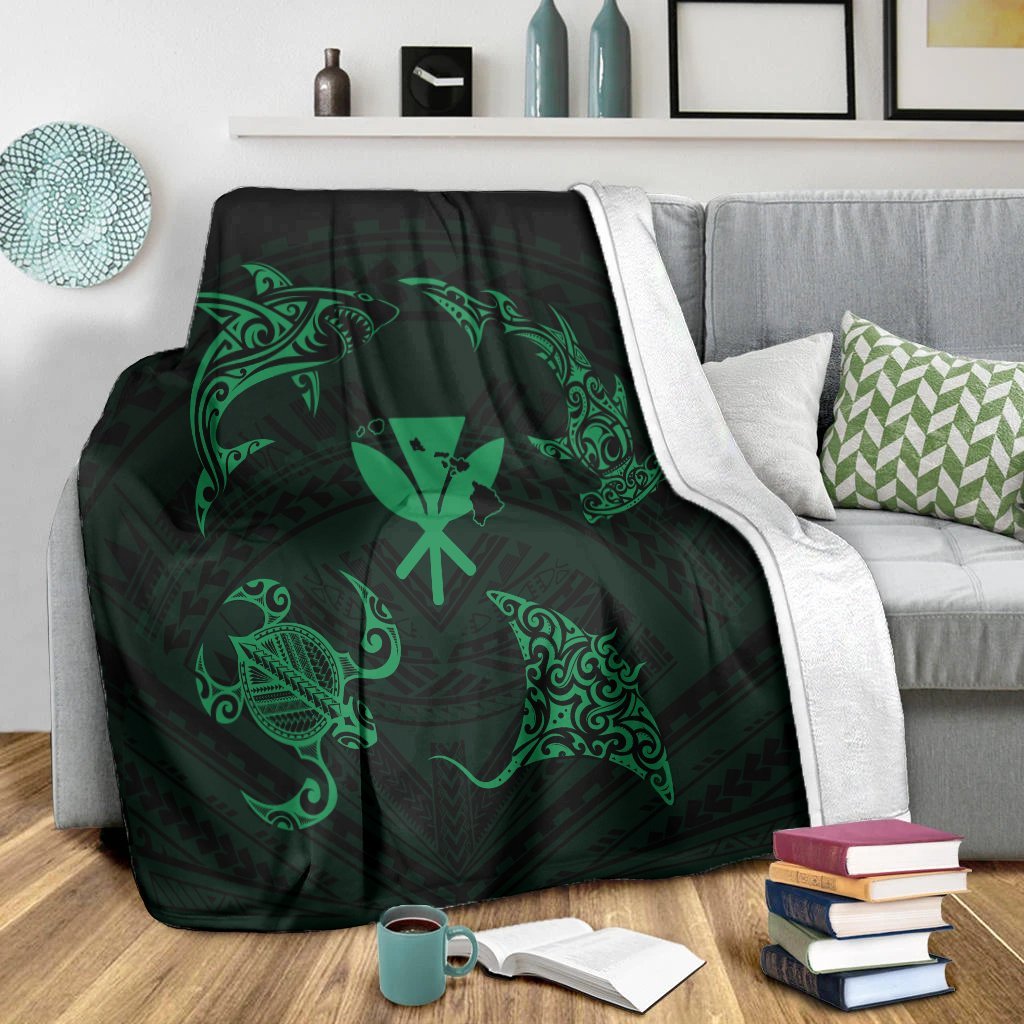 Polynesian Turtle Hammerhead Shark Ray Kanaka Hawaii Premium Blankets Circle Green - AH - Polynesian Pride