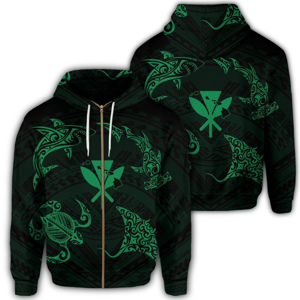 Polynesian Turtle Hammerhead Shark Ray Kanaka Hawaii Zip Hoodie Circle Green Unisex Art - Polynesian Pride