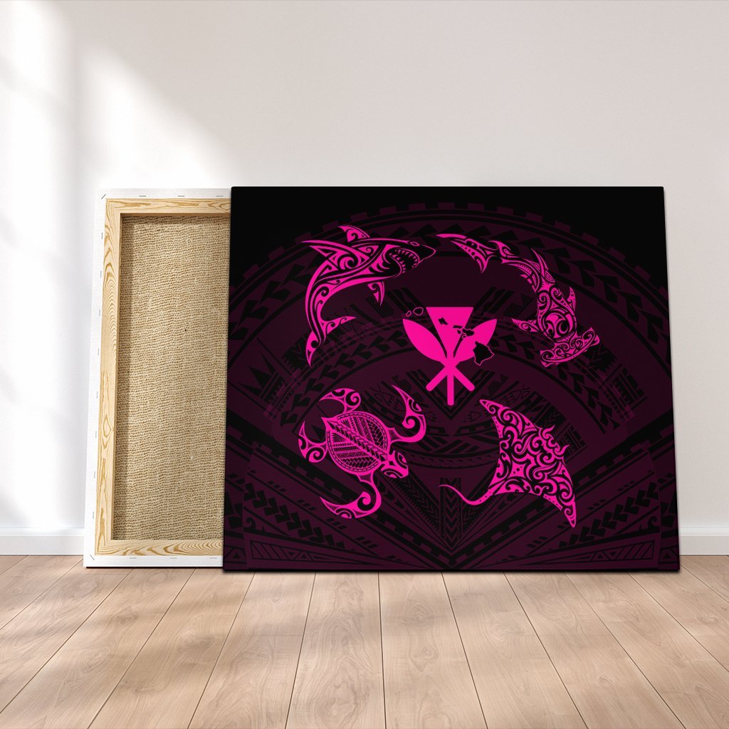 Polynesian Turtle Hammerhead Shark Ray Kanaka Hawaii Canvas Circle Pink - AH Canvas Poly-cotton - Polynesian Pride