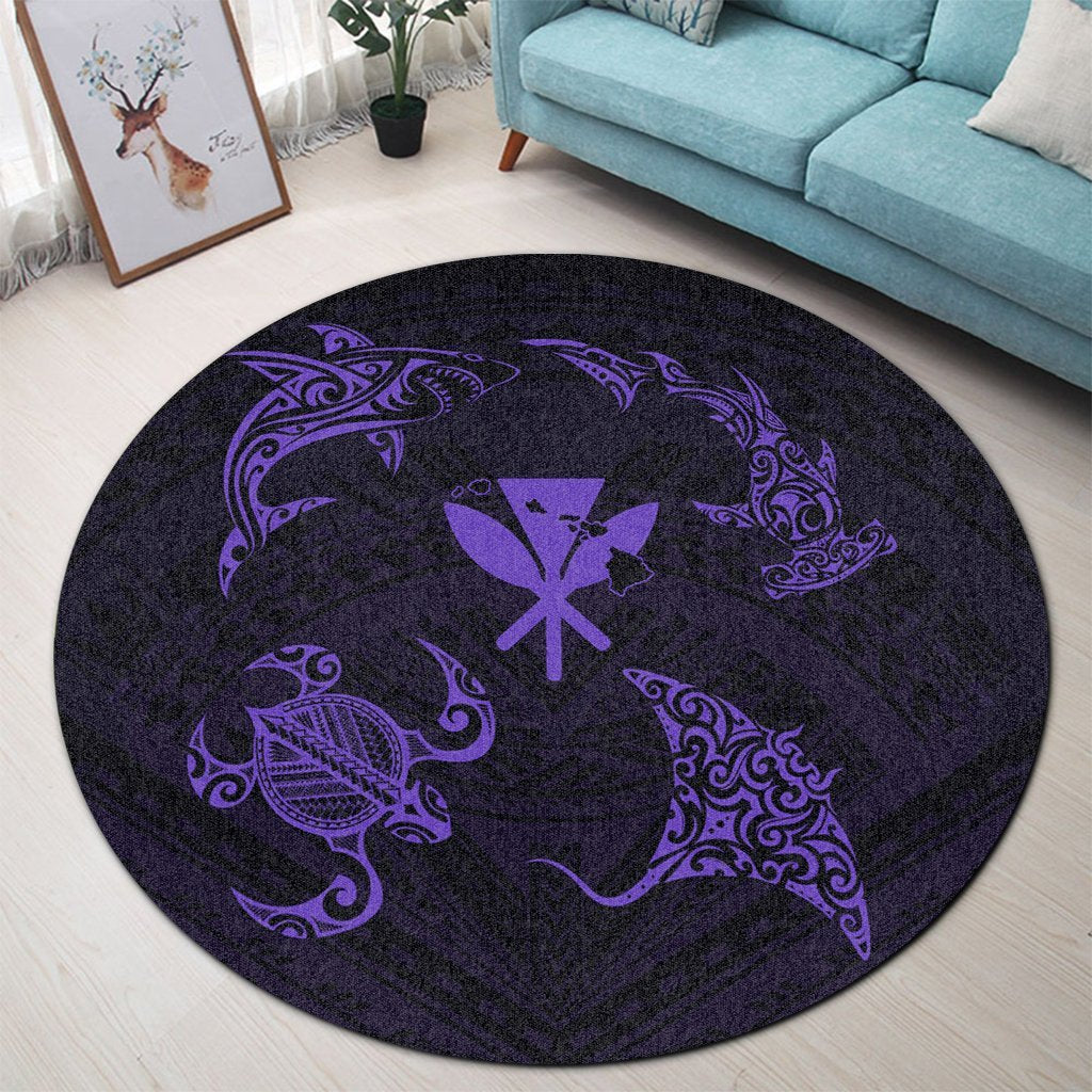 Polynesian Turtle Hammerhead Shark Ray Kanaka Hawaii Round Carpet Circle Purple - AH - Polynesian Pride