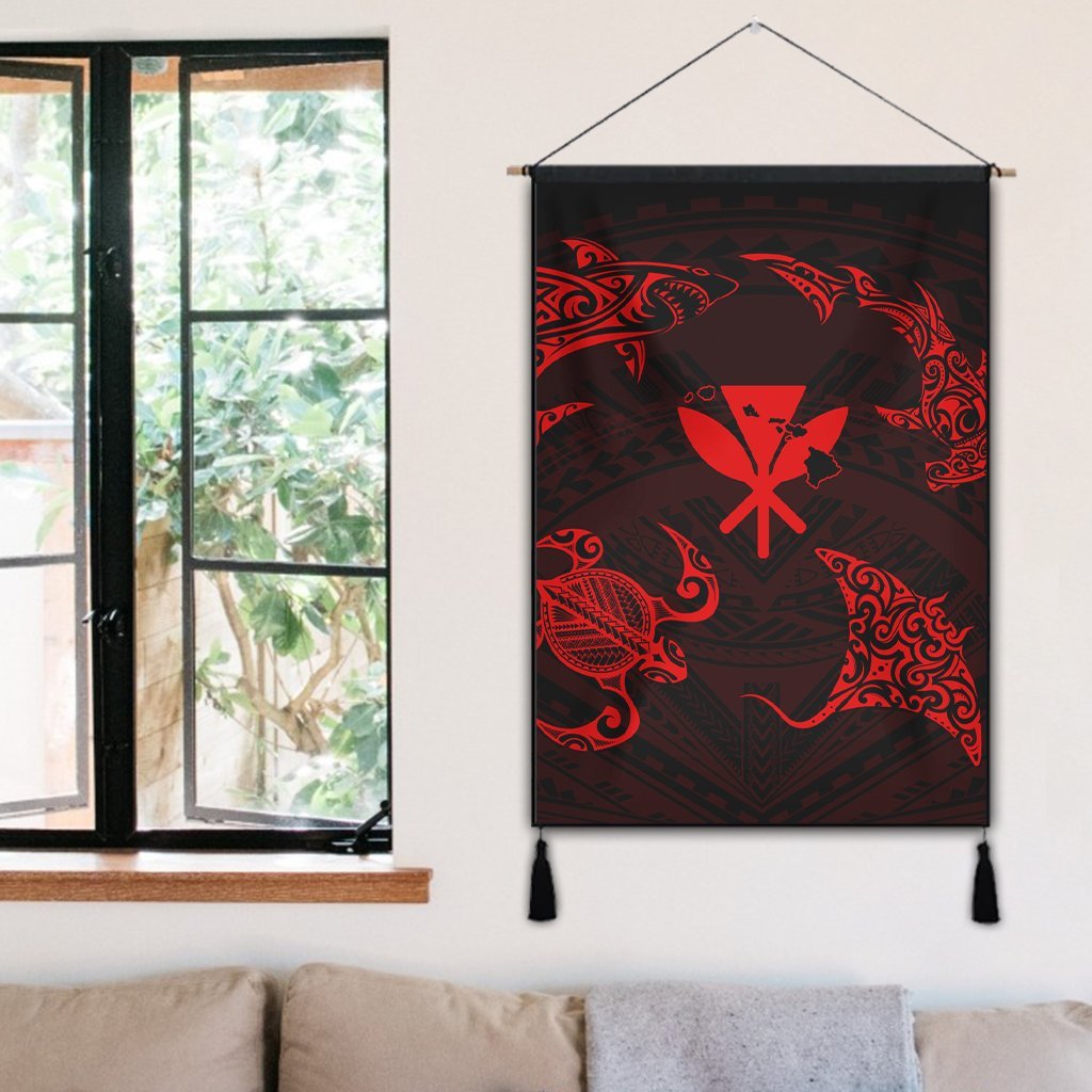 Polynesian Turtle Hammerhead Shark Ray Kanaka Hawaii Hanging Poster Circle Red - AH - Polynesian Pride