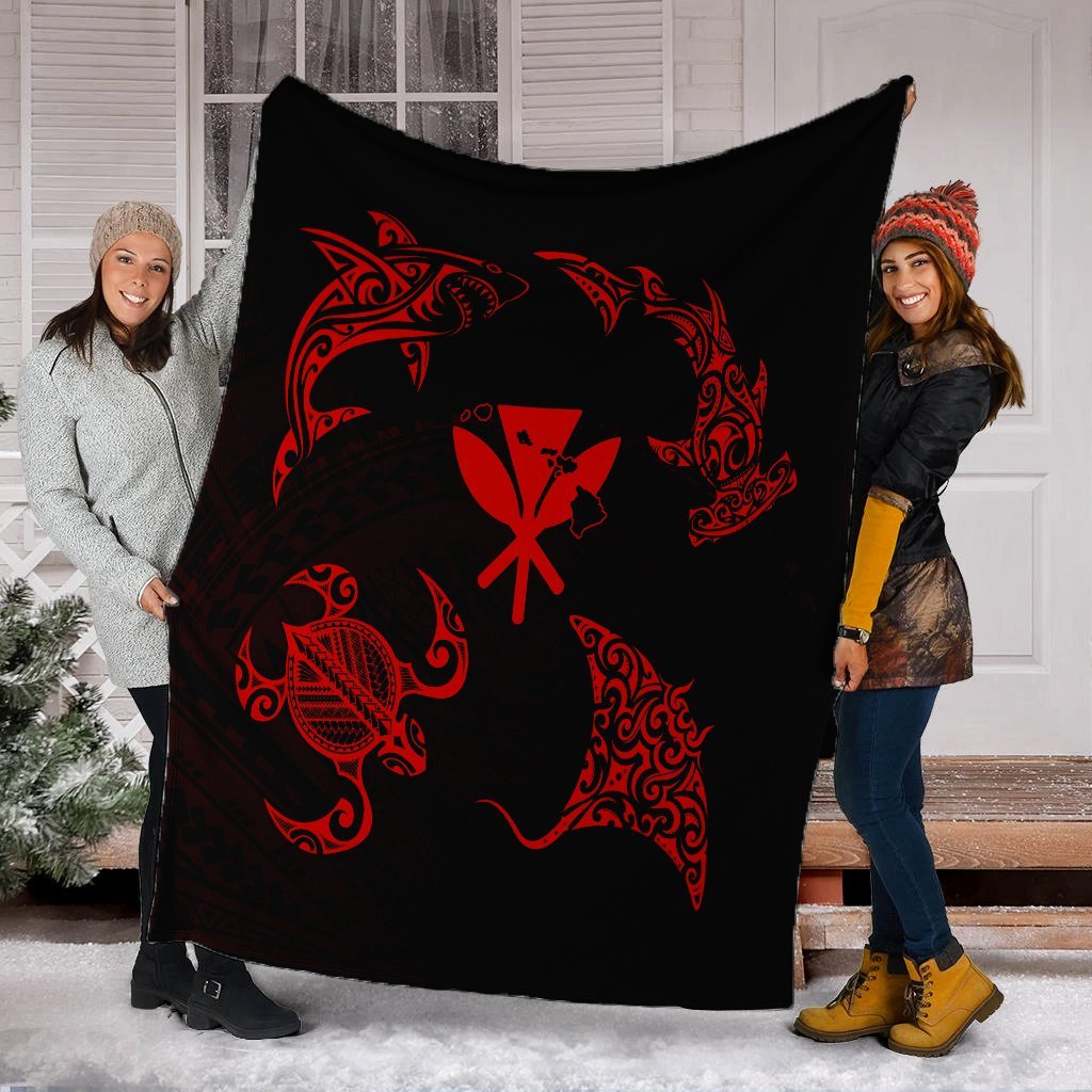 Polynesian Turtle Hammerhead Shark Ray Kanaka Hawaii Premium Blankets Circle Red - AH - Polynesian Pride