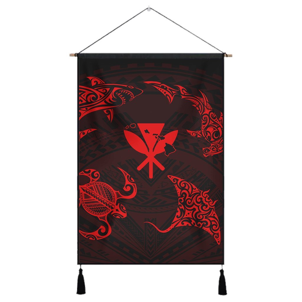Polynesian Turtle Hammerhead Shark Ray Kanaka Hawaii Hanging Poster Circle Red - AH Hanging Poster Cotton And Linen - Polynesian Pride
