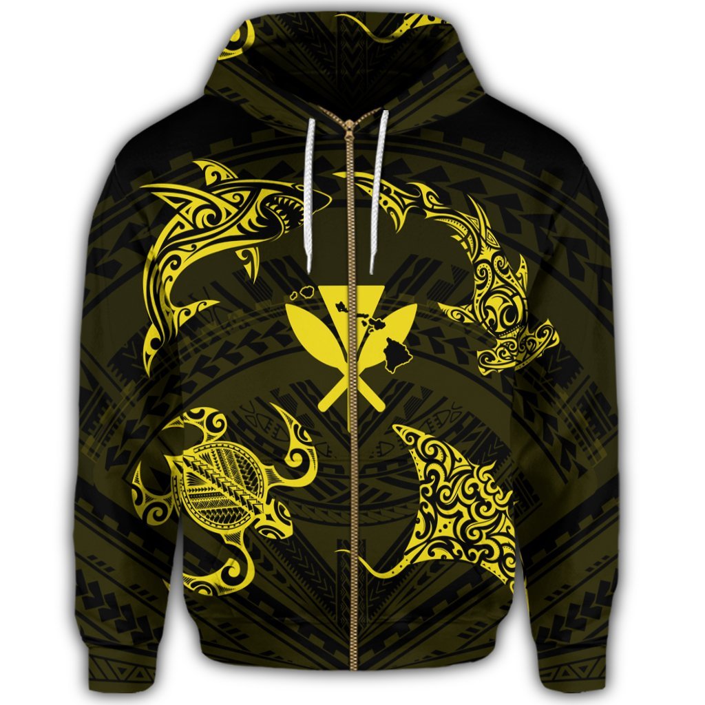 Polynesian Turtle Hammerhead Shark Ray Kanaka Hawaii Zip Hoodie Circle Yellow - Polynesian Pride