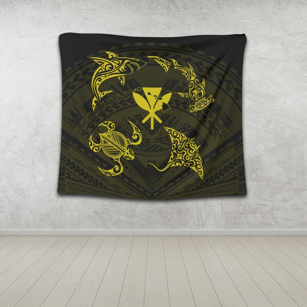 Polynesian Turtle Hammerhead Shark Ray Kanaka Hawaii Tapestry Circle Yellow - AH - Polynesian Pride
