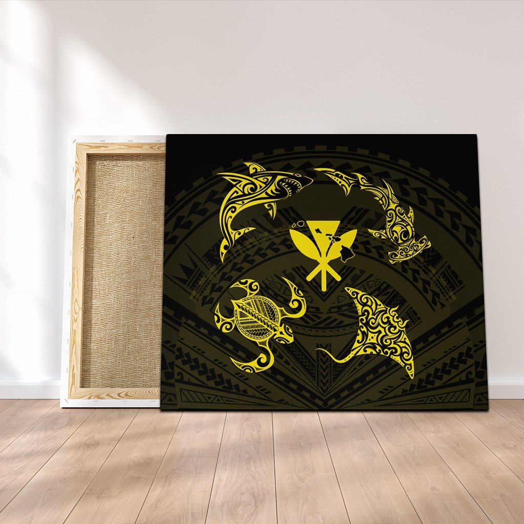 Polynesian Turtle Hammerhead Shark Ray Kanaka Hawaii Canvas Circle Yellow - AH Canvas Poly-cotton - Polynesian Pride
