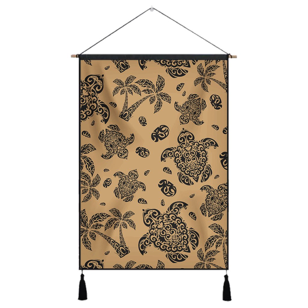 Polynesian Turtle Palm And Sea Pebbles Gold Hanging Poster - AH Hanging Poster 43 x 65 cm Cotton And Linen - Polynesian Pride