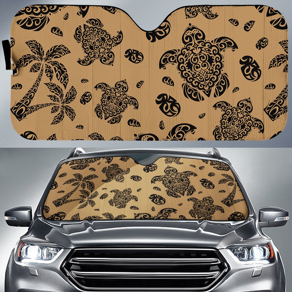 Polynesian Turtle Palm And Sea Pebbles Car Sun Shade Auto Sun Shade Universal Fit Gold - Polynesian Pride