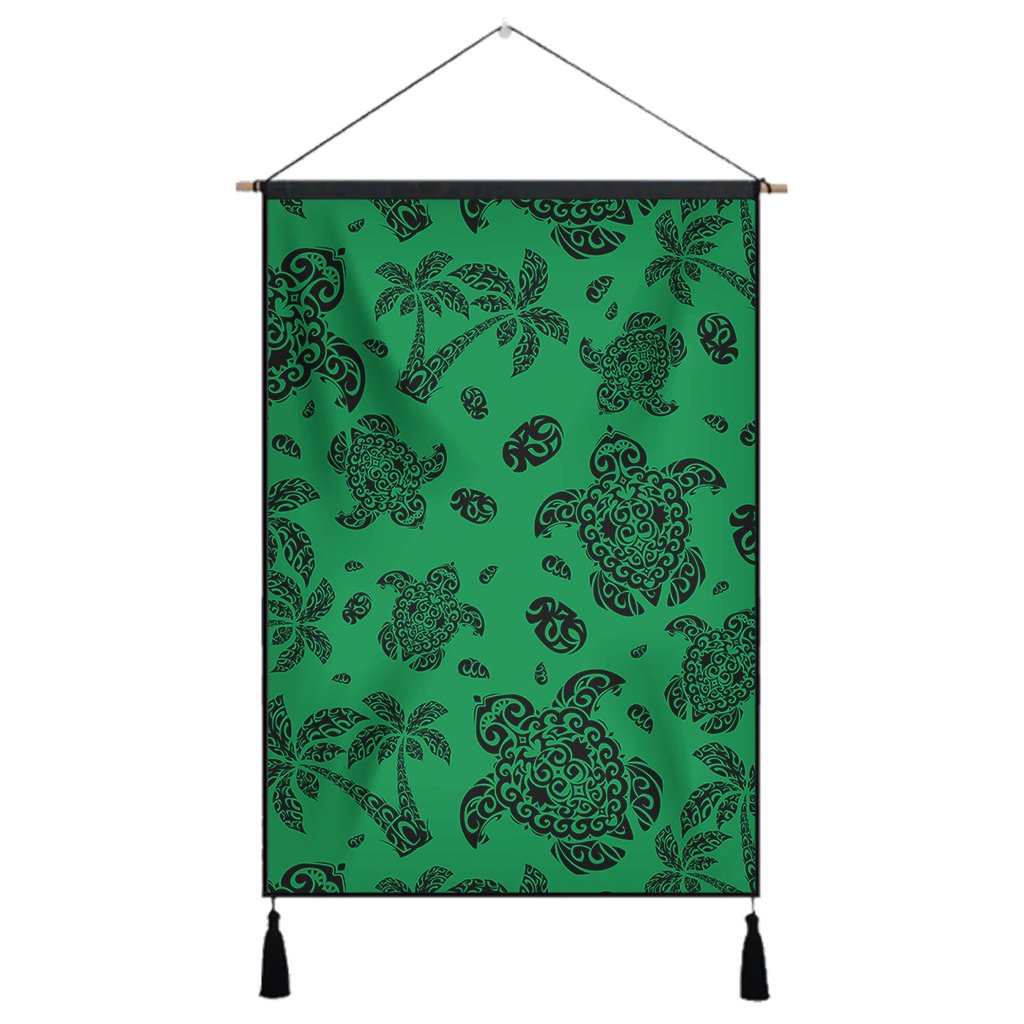 Polynesian Turtle Palm And Sea Pebbles Green Hanging Poster - AH Hanging Poster 43 x 65 cm Cotton And Linen - Polynesian Pride
