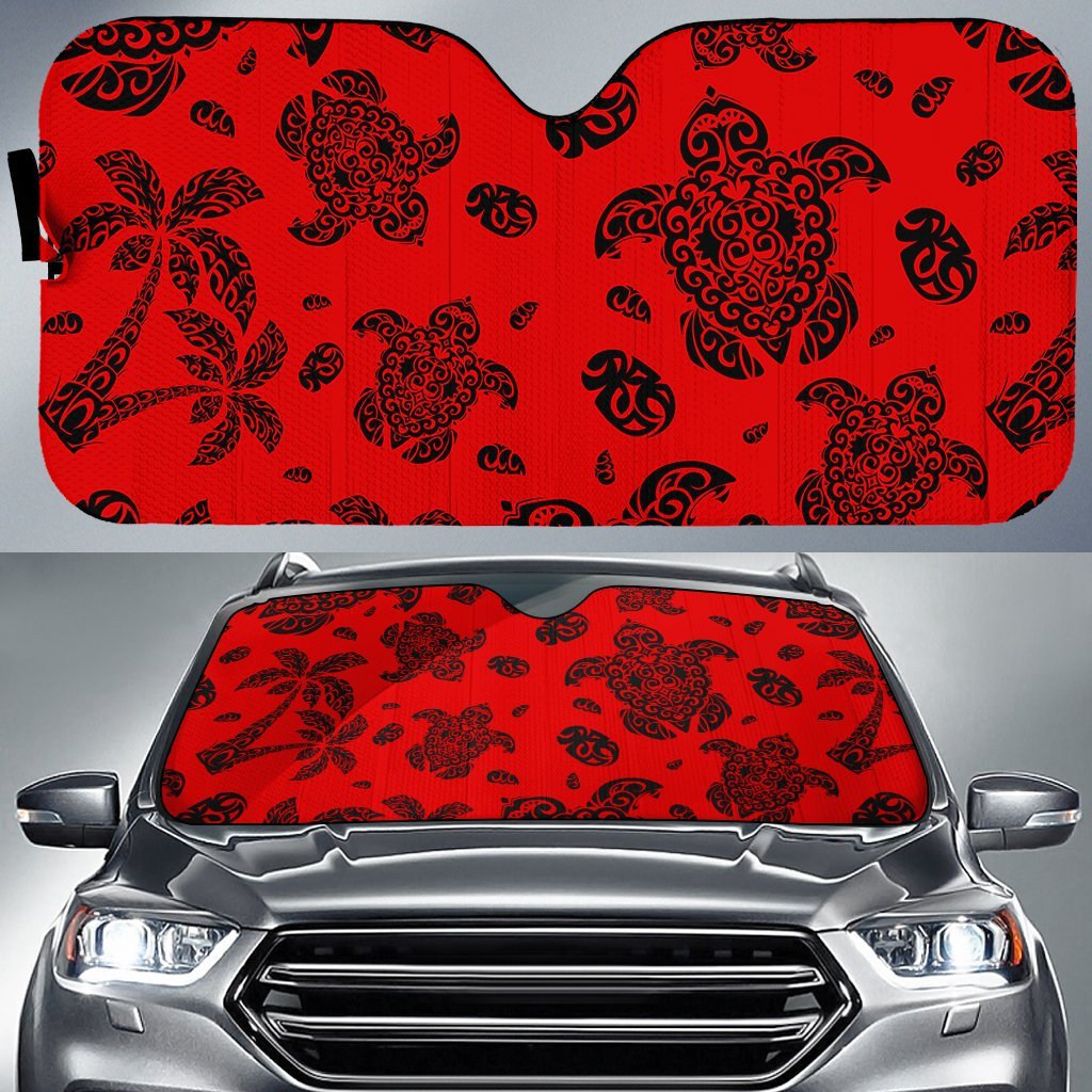 Polynesian Turtle Palm And Sea Pebbles Car Sun Shade Auto Sun Shade Universal Fit Red - Polynesian Pride