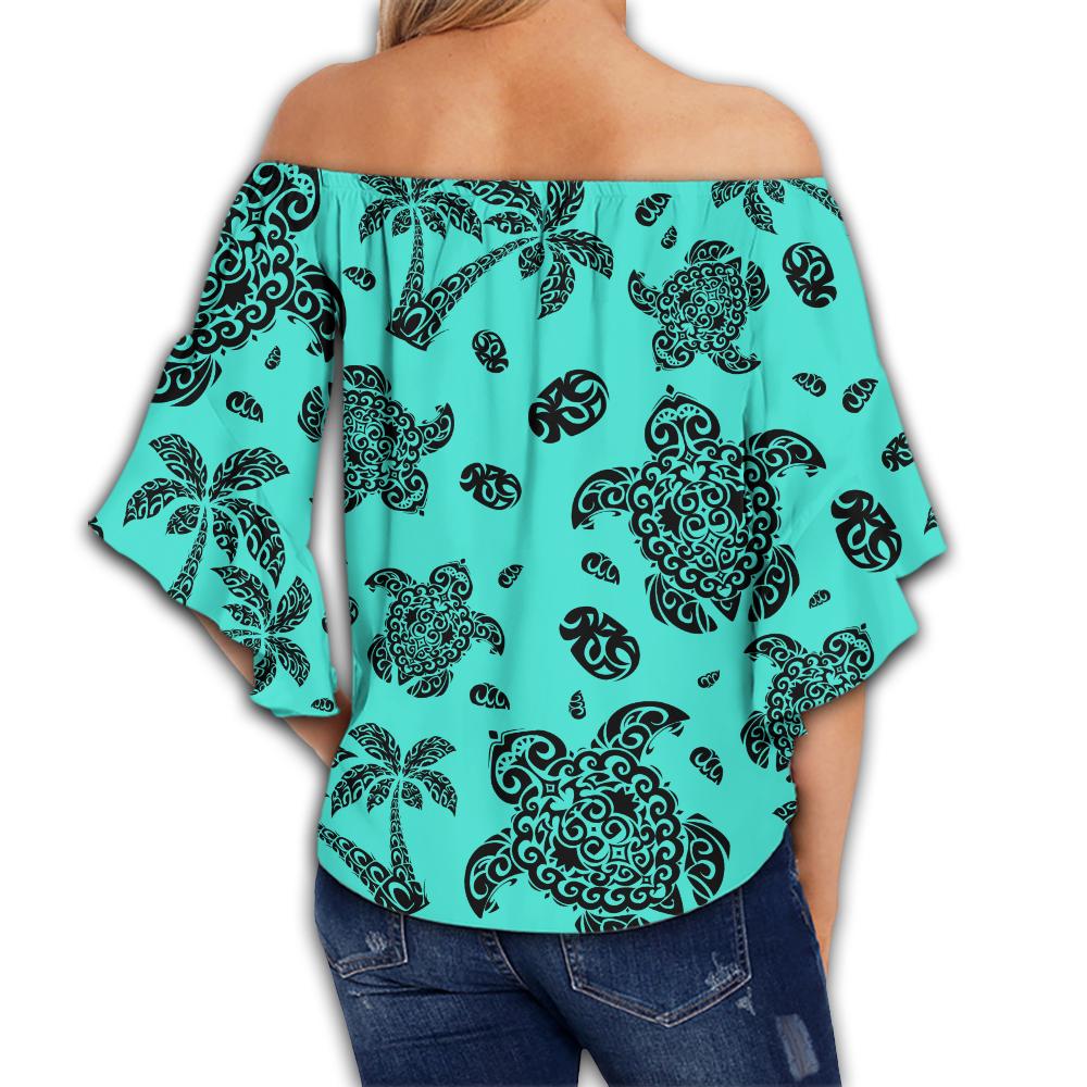 Polynesian Turtle Palm And Sea Pebbles Turquoise Hawaii Women's Off Shoulder Wrap Waist Top - Polynesian Pride