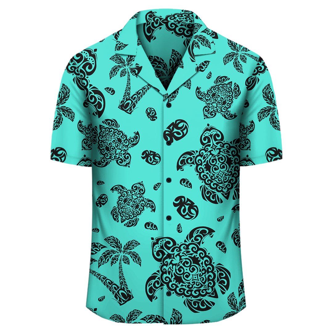 Polynesian Turtle Palm And Sea Pebbles Turquoise Hawaiian Shirt - Polynesian Pride