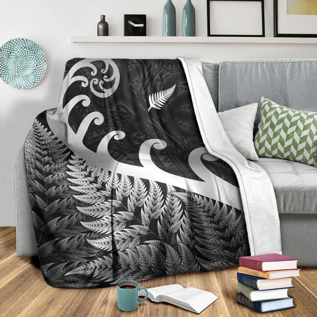 New Zealand Rugby Maori Premium Blanket Silver Fern Koru Vibes - Black LT8 - Polynesian Pride