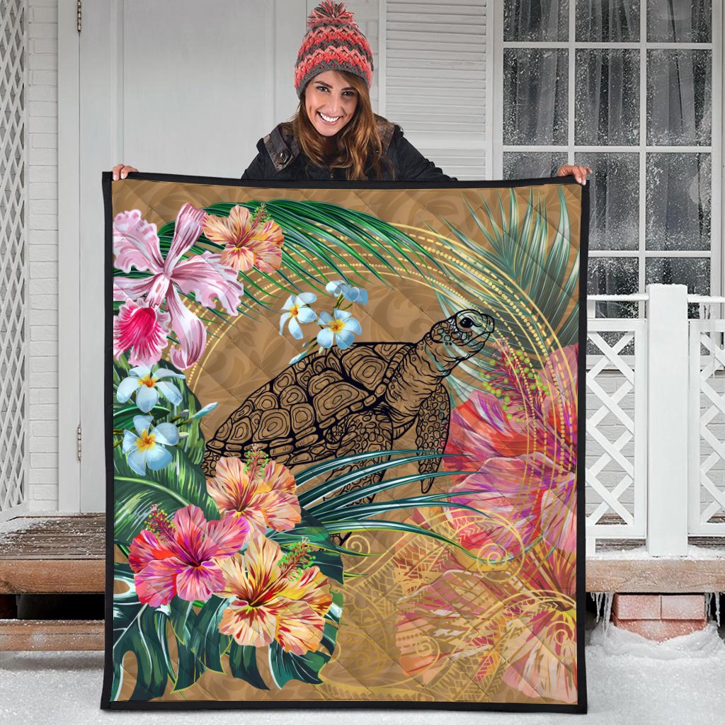 Hawaii Turtle Hibiscus Polynesian Gold Premium Quilt - Moon Style - AH - Polynesian Pride