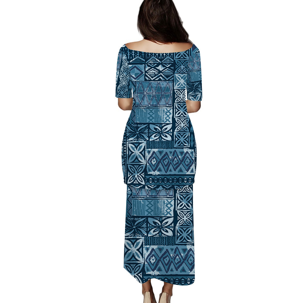 (Custom Personalised) Polynesian Puletasi Dress Blue Tapa Tribal Fabric Pattern LT14 - Polynesian Pride