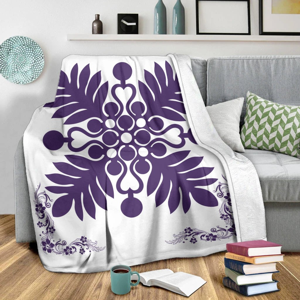 Hawaiian Quilt Maui Plant And Hibiscus Premium Blanket - Purple White - AH - Polynesian Pride