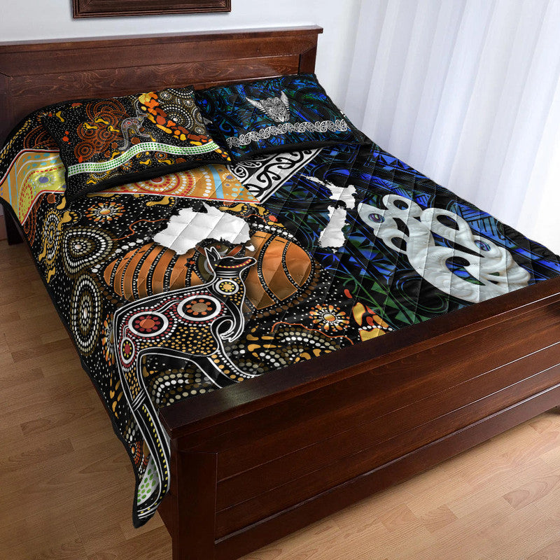 New Zealand Maori Aotearoa And Australia Aboriginal Quilt Bed Set Together - Blue LT8 - Polynesian Pride